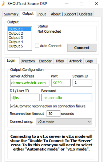 SHOUTcast Streaming Settings