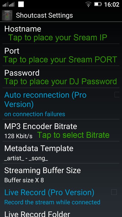 Settings for SHOUTcast v1 and SHOUTcast v2