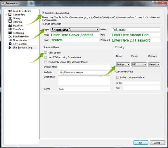 Mixxx Preferences Live Broadcasting